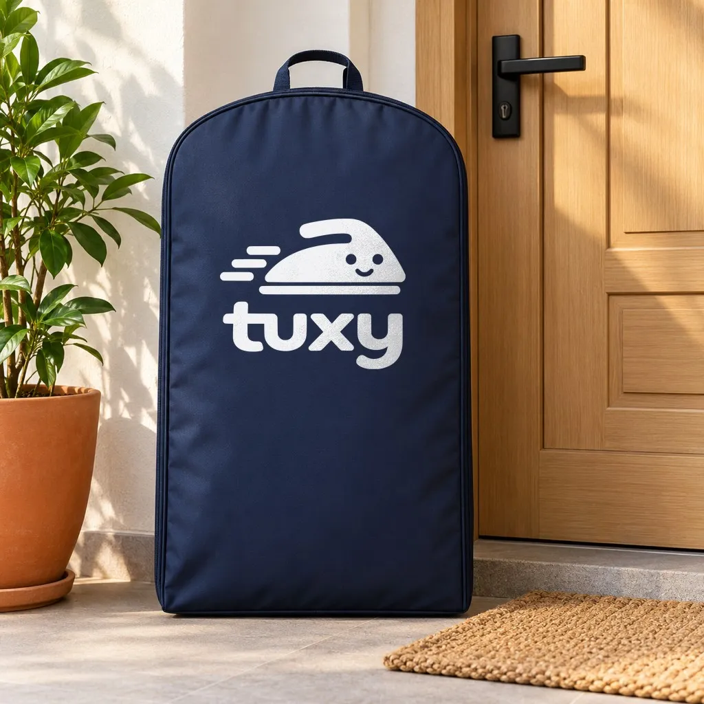 A navy Tuxy garment bag standing beside a pale oak apartment door, with a terracotta planter and a jute doormat.