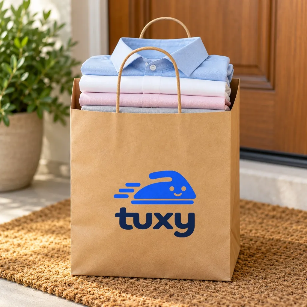 A Tuxy paper bag holding neatly folded shirts, waiting on the doormat of an apartment front door