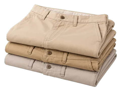 A stack of folded beige and khaki trousers