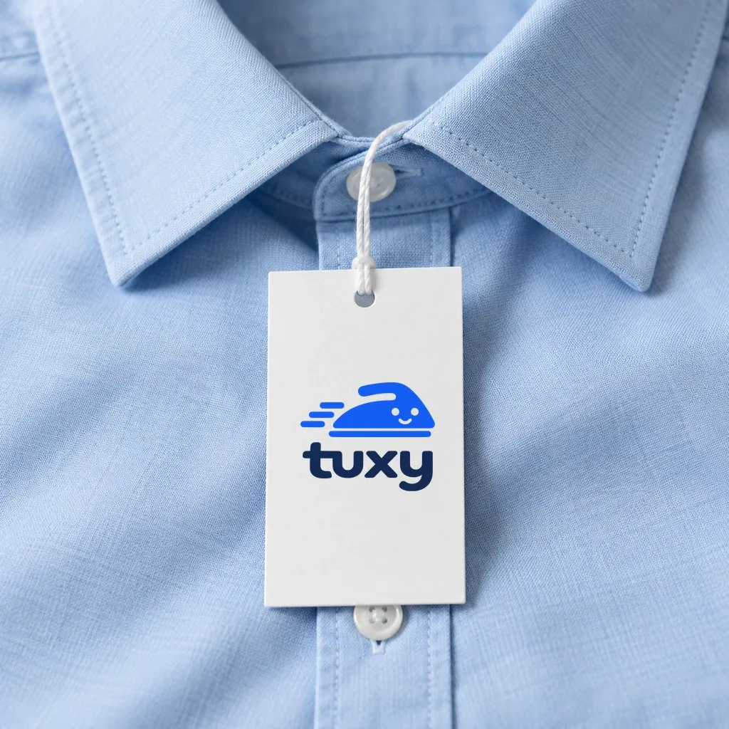 Close-up of a folded light blue shirt collar with a Tuxy hang tag