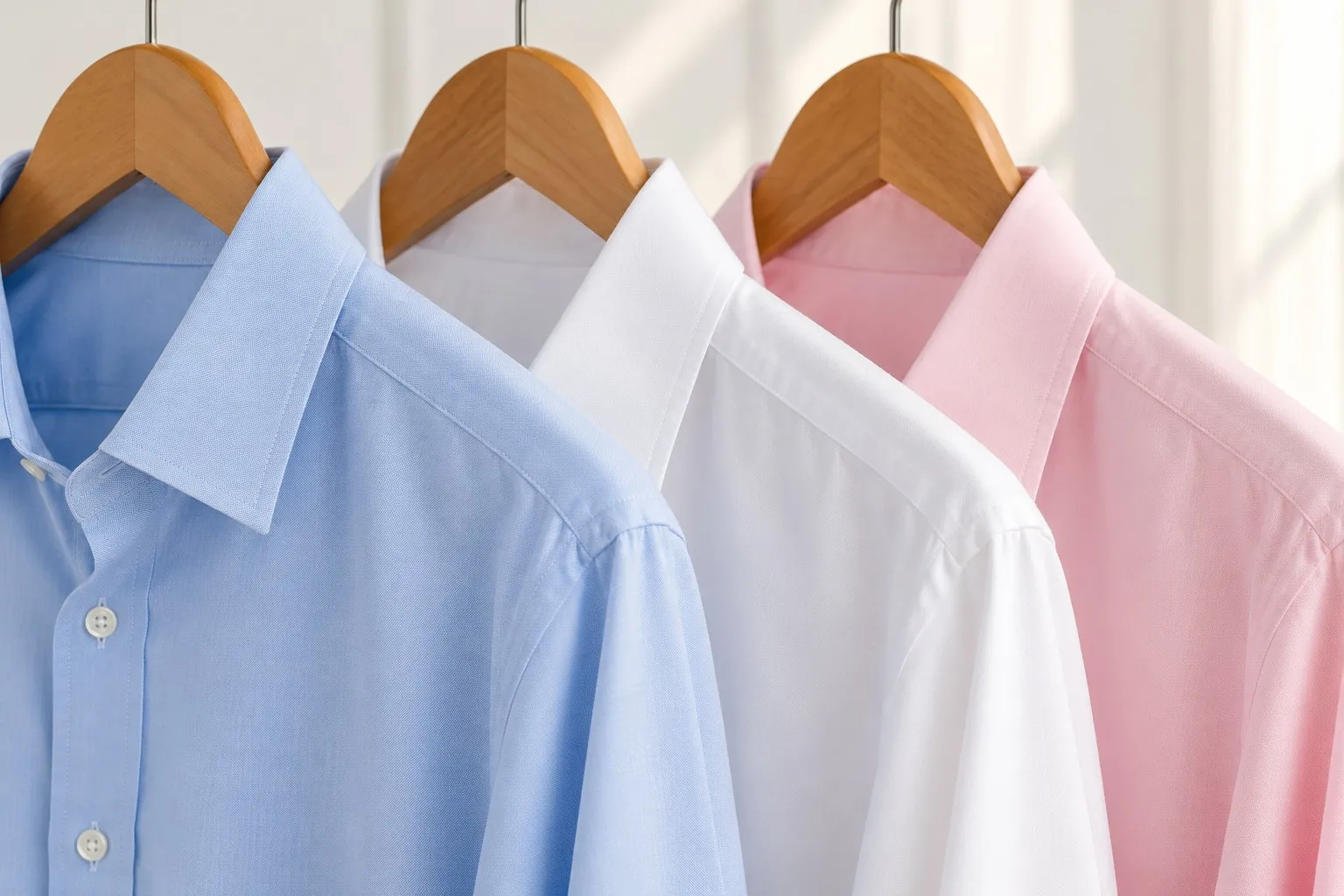 Three freshly pressed shirts in light blue, white and pink on wooden hangers
