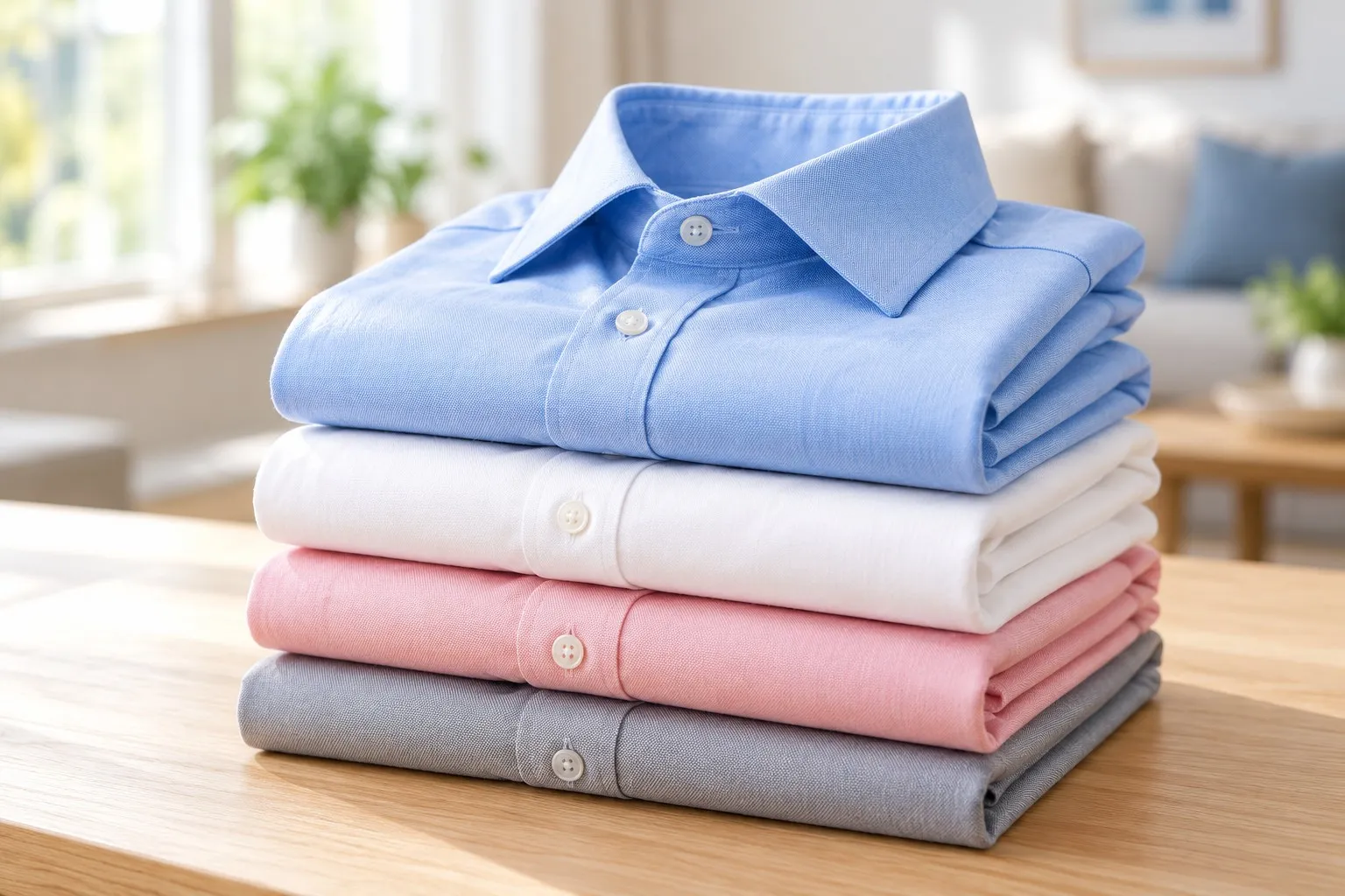 A stack of freshly pressed, folded shirts